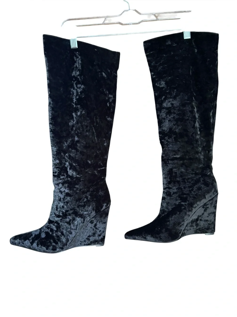 NWOB Fashion Nova Women's Black Velvet Knee-High Wedge Boots‎ Size 7.5